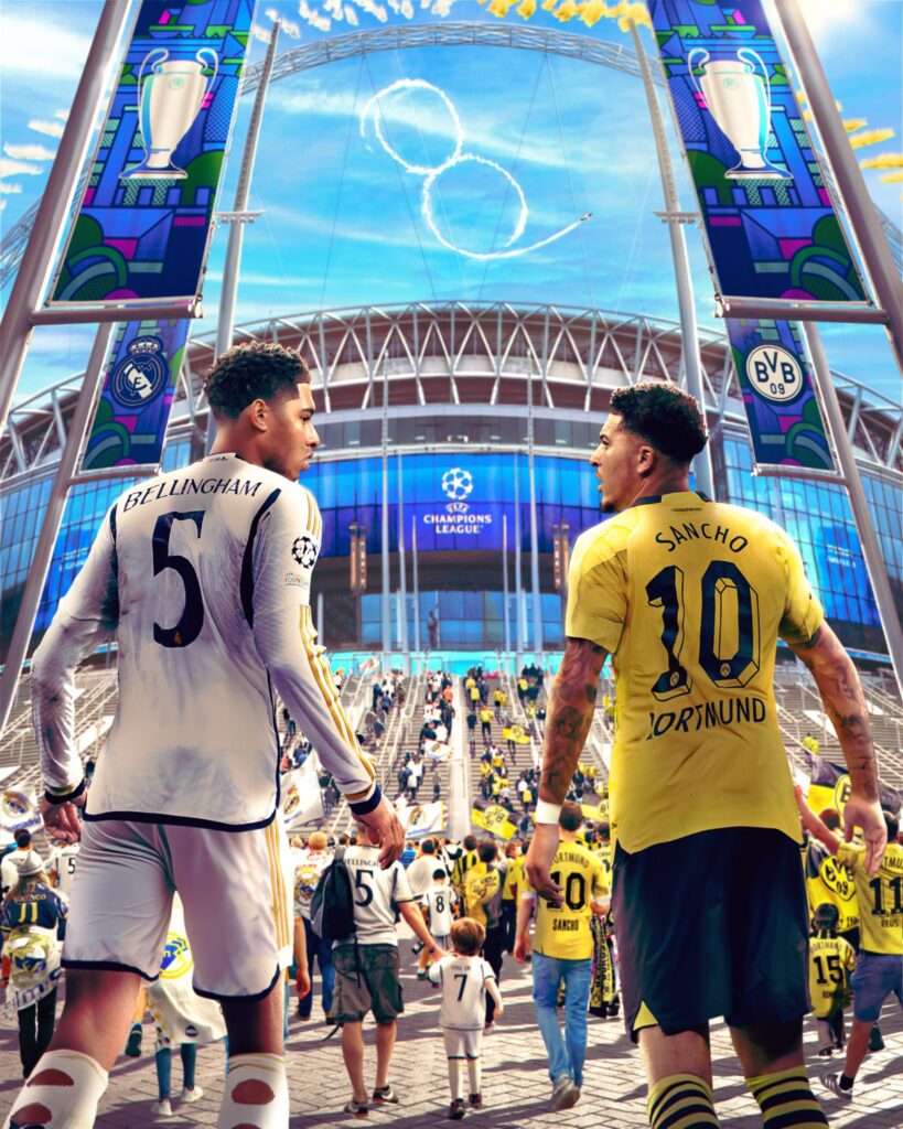 Edit de Jude Bellingham con la camiseta del Real Madrid y Jadon Sancho con la camiseta del Borussia Dortmund frente al estadio de Wembley en Inglaterra, donde se jugará la final de la Champions League.