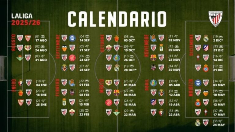 El calendario del Athletic Club esta temporada 25/26