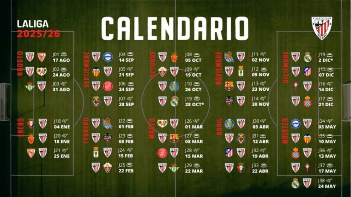 El calendario del Athletic Club esta temporada 25/26