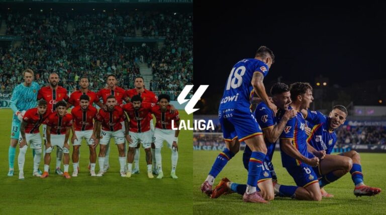 A la izquierda, los jugadores del Mallorca posando, y a la derecha, los jugadores del Getafe celebrando un gol