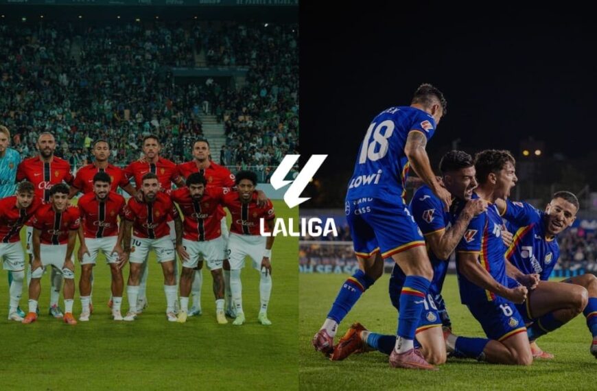 A la izquierda, los jugadores del Mallorca posando, y a la derecha, los jugadores del Getafe celebrando un gol