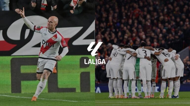 Isi, a la izquierda celebrando un gol, y los jugadores del Real Madrid, a la deecha