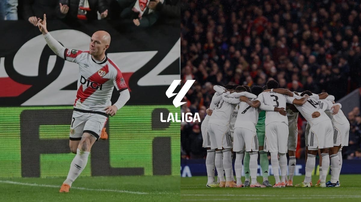 Isi, a la izquierda celebrando un gol, y los jugadores del Real Madrid, a la deecha