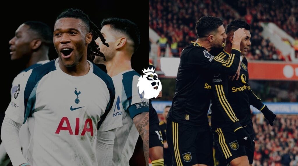 Jugadores de Tottenham y Manchester United celebrando un gol en imágenes separadas