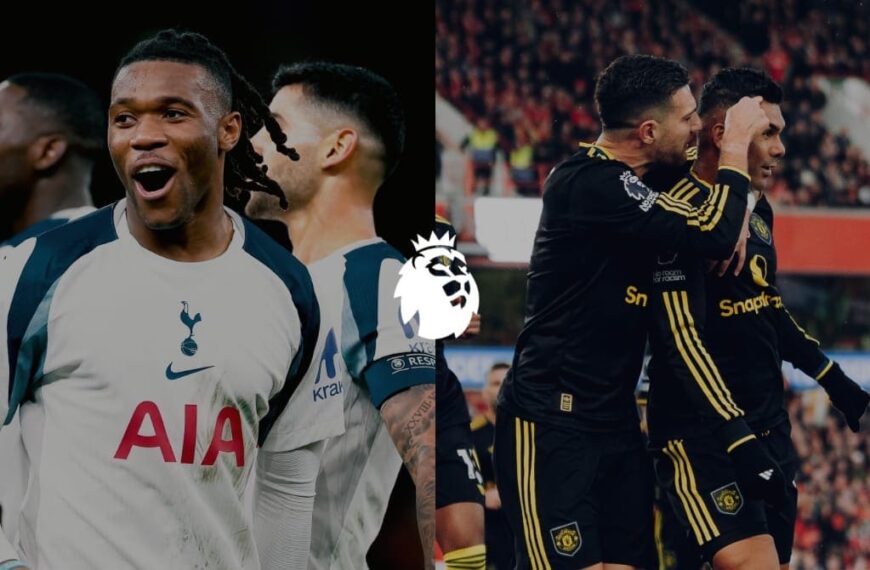 Jugadores de Tottenham y Manchester United celebrando un gol en imágenes separadas
