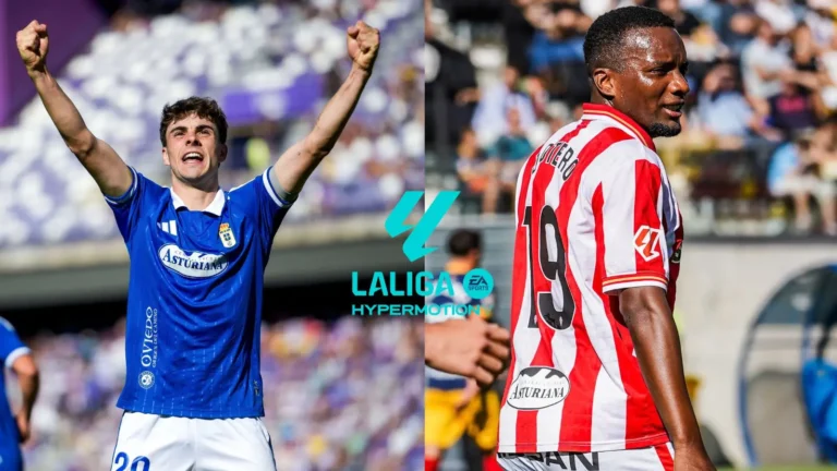 Pablo Sáenz celebrando un gol y Juan Otero durante su último partido con el Real Sporting.
